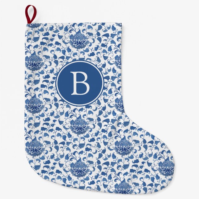 Elegant Blue And White Chinese Vase Print Monogram Large Christmas Stocking (Front)