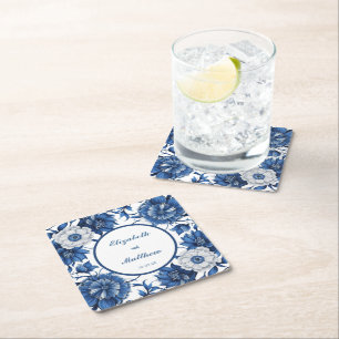 Elegant blue and white Chinoiserie antique Wedding Square Paper Coaster
