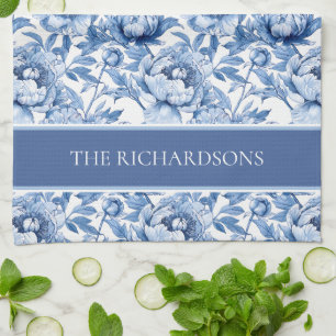 Elegant Blue and White Chinoiserie Floral Pattern Tea Towel