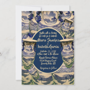 Elegant blue and white chinoiserie style wedding invitation