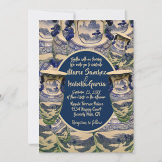 Elegant blue and white chinoiserie style wedding invitation