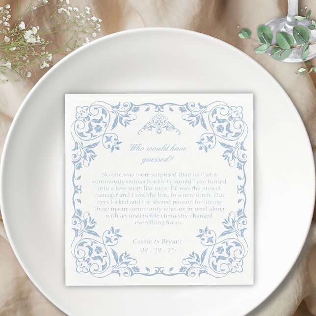Elegant Blue and White Chinoiserie Unique Wedding Napkin (elegant blue and white chinoiserie regency era inspired fun facts about the bride and groom napkins)