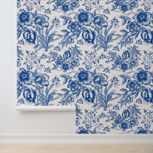 Elegant blue and white chinoiseries floral pattern wallpaper