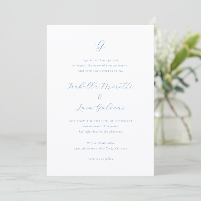 Elegant Blue and White Coastal Chic Wedding Invitation (Standing Front)