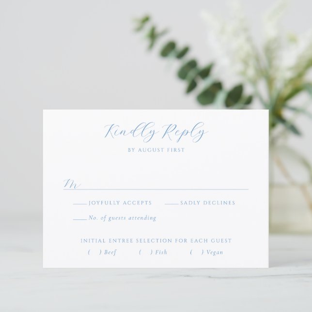 Elegant Blue and White Coastal Chic Wedding RSVP Card (Standing Front)