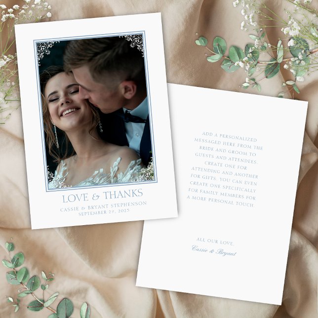 Elegant Blue and White Coastal Chic Wedding Thank You Card (Elegant blue and white vintage love and thanks wedding thank you cards with photo and chic border)