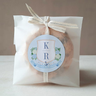Elegant Blue And White Coastal Monogram Wedding Classic Round Sticker