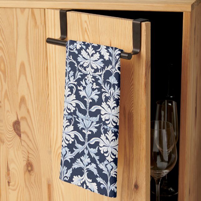 Elegant Blue and White Damask Tea Towel (Thirds Fold)