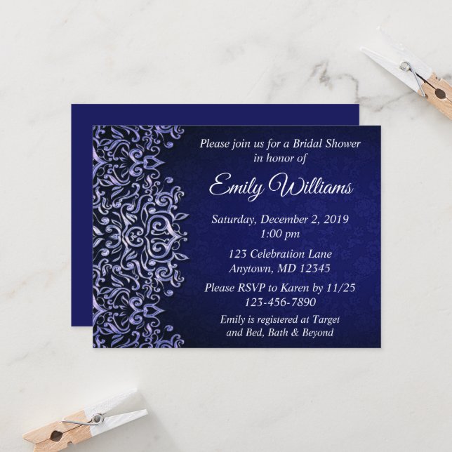 Elegant Blue and White Damask Winter Bridal Shower Invitation (Front/Back In Situ)