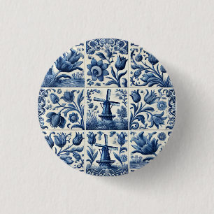 Elegant Blue and White Delft Tile 3 Cm Round Badge