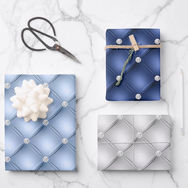 Elegant Blue and White Diamond Tufted Patterns Wrapping Paper Sheet (Front)