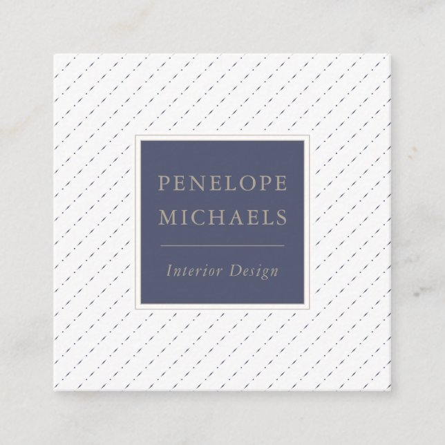 Elegant Blue and White Dots and Dashes Square Business Card (Front)