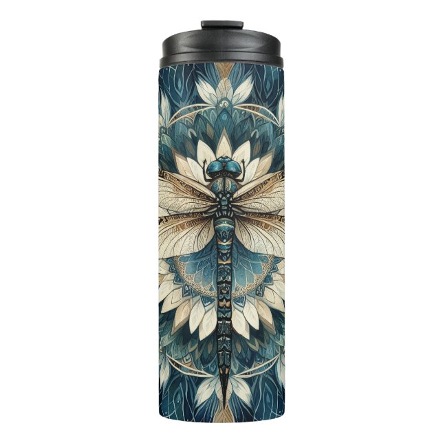 Elegant Blue and White Dragonfly Mandala  Thermal Tumbler (Front)