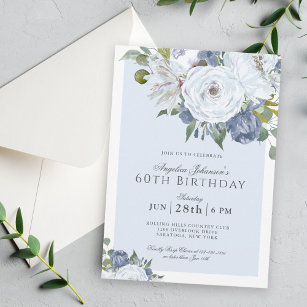 Elegant Blue and White Floral 60th Birthday Party Invitation