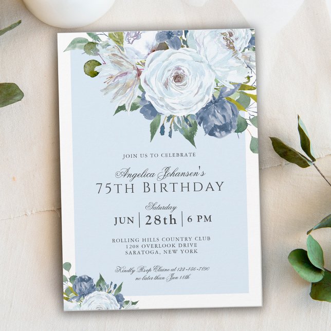Elegant Blue and White Floral 75th Birthday Party Invitation (Creator Uploaded)