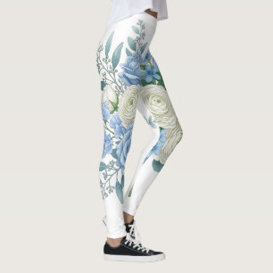 Elegant Blue and White Floral Bouquet Watercolor B Leggings
