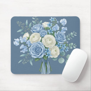Elegant Blue and White Floral Bouquet Watercolor B Mouse Pad
