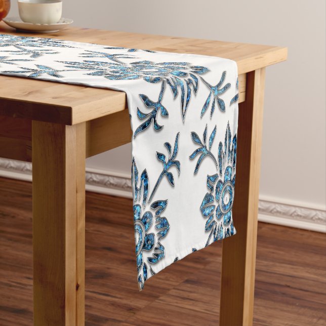 Elegant Blue and White Floral Crystal Table Runner (In Situ)