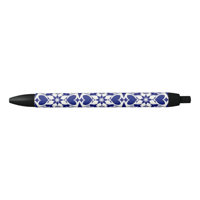 Elegant Blue and White Floral Pattern Black Ink Pen (Front)