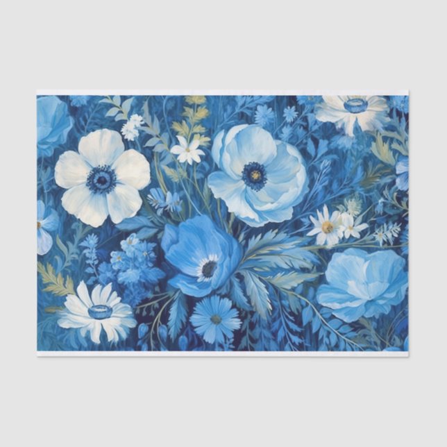 Elegant Blue and White Floral Pattern Decoupage Tissue Paper (Front)