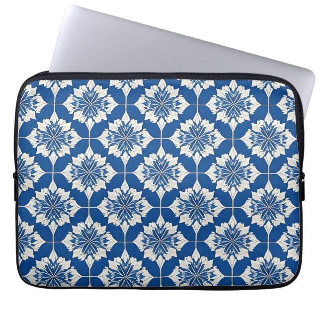 Elegant Blue and White Floral Pattern Laptop Sleeve (Front)