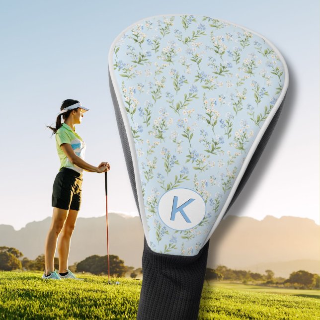 Elegant Blue and White Floral Pattern Monogram Golf Head Cover (Creator Uploaded)