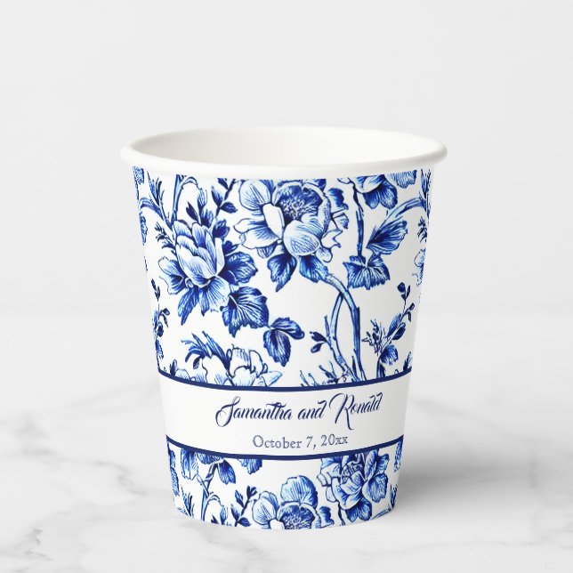 Elegant Blue and White Floral Toile Wedding Paper Cups (Front)