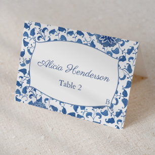 Elegant Blue And White Floral Wedding Place Card