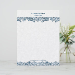 Elegant Blue And White FlorPaisley Lace Custom Letterhead
