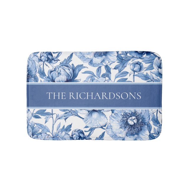 Elegant Blue and White Flowers Floral Pattern Bath Mat (Front)
