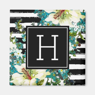 Elegant Blue and White Flowers with Monogram Magnet