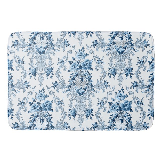 Elegant Blue and White French Rococo Floral Bath Mat (Front)