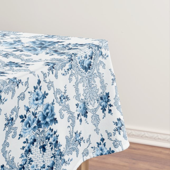 Elegant Blue and White French Rococo Floral Tablecloth (In Situ)