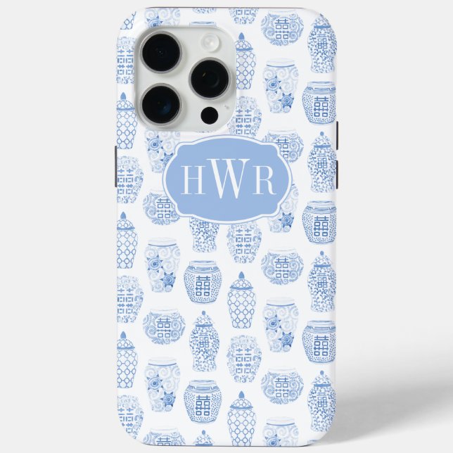 Elegant Blue And White Ginger Jar Monogrammed Case-Mate iPhone Case (Back)