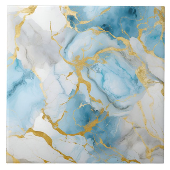 Elegant Blue And White Gold Marble Pattern  Tile (Front)