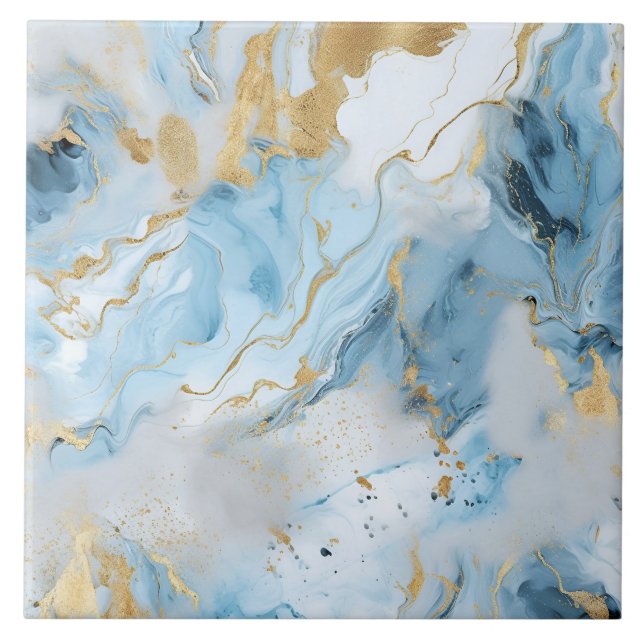 Elegant Blue And White Gold Marble Pattern  Tile (Front)