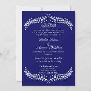 Elegant Blue and White Leaf Islamic Wedding Invitation