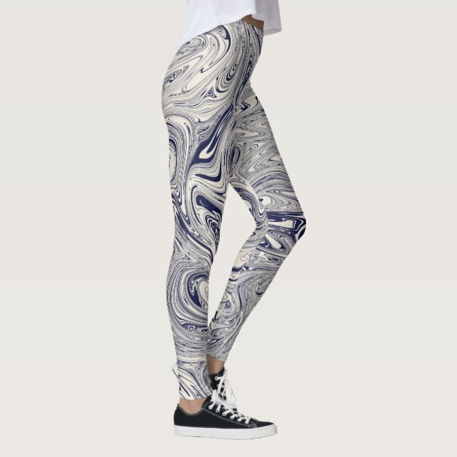 Elegant Blue and White Marble Swirl Leggings (Right)