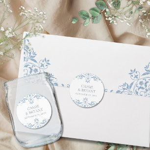 Elegant Blue and White Minimal Wedding Classic Round Sticker