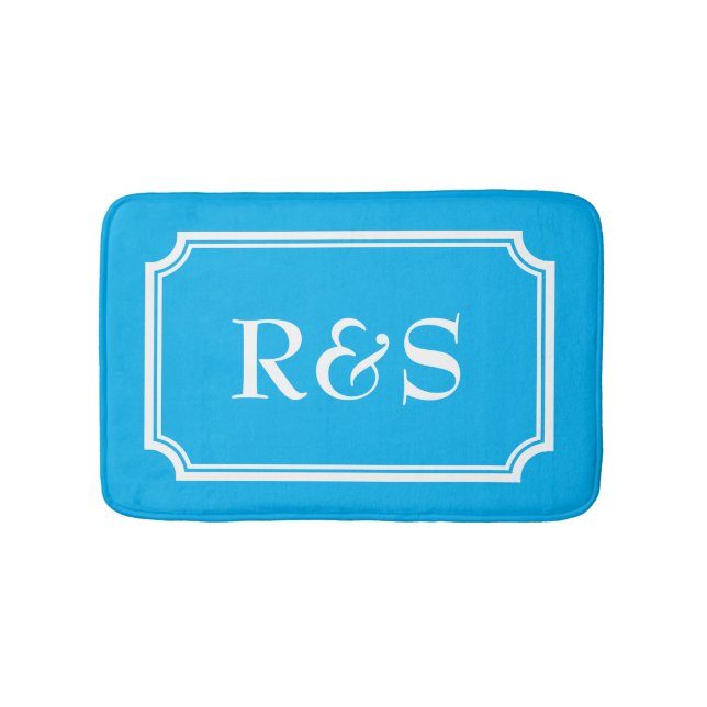 Elegant blue and white monogram bath mat rug (Front)
