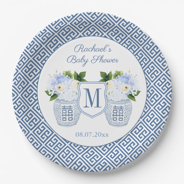 Elegant Blue And White Monogram Floral Baby Shower Paper Plate (Front)