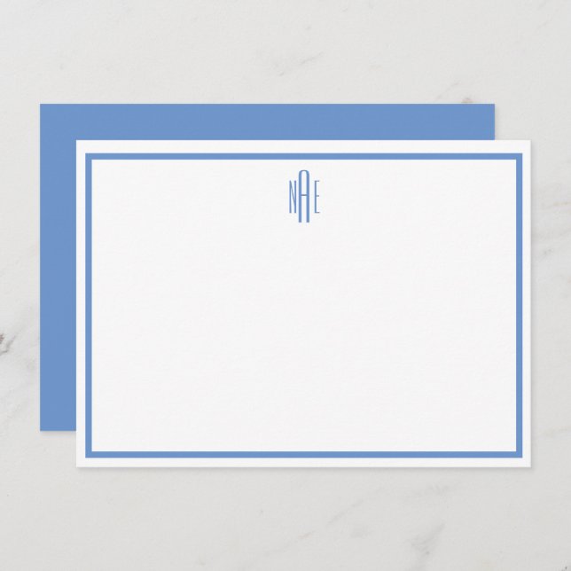 Elegant Blue and White Monogrammed Flat Note Card (Front/Back)