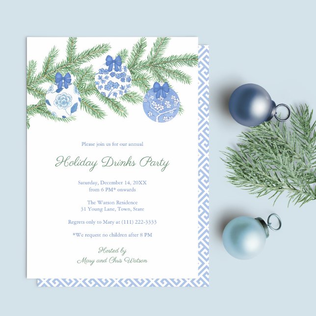 Elegant Blue And White Ornaments Holidays Party Invitation (Simple elegant blue and white chinoiserie Holiday Drinks Party invitation)
