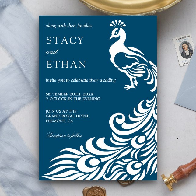 Elegant Blue and White Peacock Wedding Invitation (Creator Uploaded)