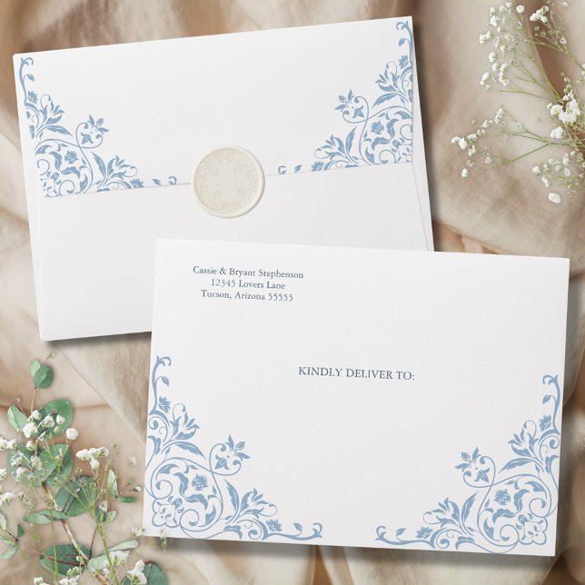 Elegant Blue and White Romantic Floral Wedding Envelope (Elegant blue and white wedding envelopes with printed return address of bride and groom with floral)