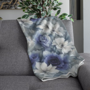 Elegant Blue and White Roses and Lilies Fleece Blanket