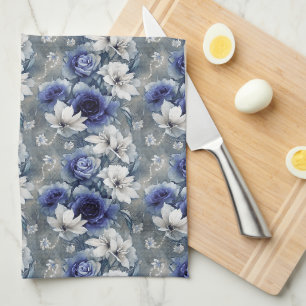 Elegant Blue and White Roses and Lilies Tea Towel