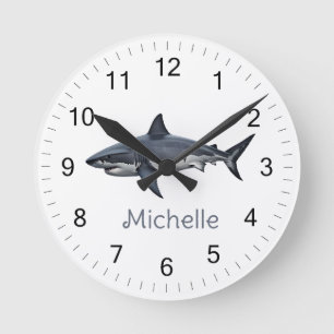 Elegant blue and white sharks fish Personalised Round Clock