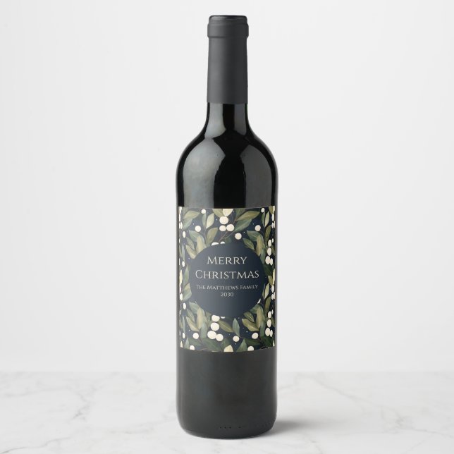 Elegant Blue and White Snowberry Christmas  Wine Label (Front)