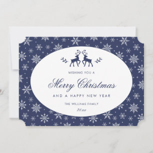 Elegant Blue and White Snowflake Reindeer Holiday Card